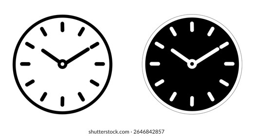 Ilustração vetorial minimalista de dois relógios analógicos um em branco com mãos pretas e um em preto com mãos brancas exibindo tempos sincronizados. Apresentando alto contraste e composição moderna