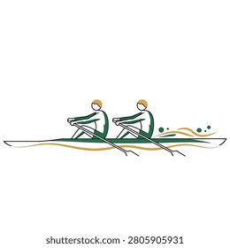 Minimalist vector illustration of two athletes rowing a racing shell boat on water with stylized green and gold wave elements, isolated on white background for competitive sports design.