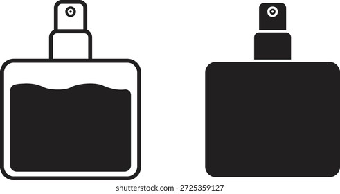 Ilustración vectorial minimalista de dos botellas de spray en blanco y negro. La botella izquierda muestra un nivel de líquido ondulado, lo que indica el contenido de líquido, mientras que la botella derecha está completamente llena de negro, lo que sugiere opacidad o llenura. Ideal para el diseño de envases, herramientas cosméticas, productos de limpieza o iconos de interfaz de usuario.