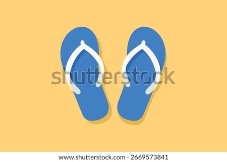 Minimalist vector illustration of two blue flip flops on a bright yellow background, evoking a summery and relaxed vibe, ideal for beach or vacation themes.