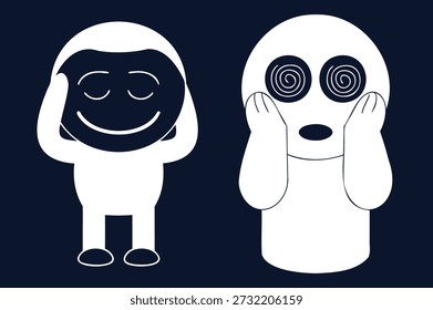 Minimalist vector illustration of two cartoon characters expressing contrasting emotions, ideal for conveying feelings and concepts visually.