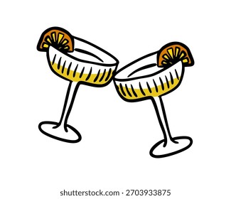 Minimalist vector illustration of two cocktail coupe glasses with yellow drink and citrus slices, modern celebratory clinking glass design for party decor and prints