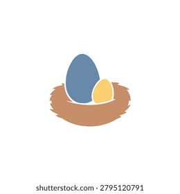 Minimalist vector illustration of two colorful bird eggs resting inside a cozy woven nest.