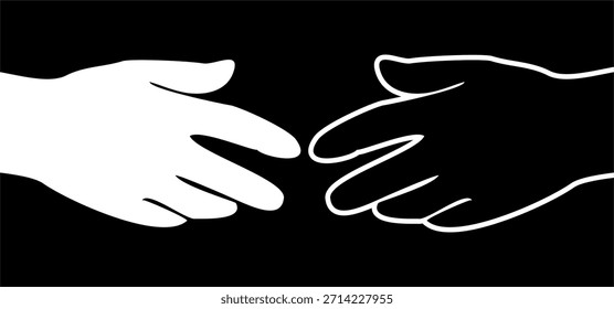 Ilustración vectorial minimalista de dos manos contrastantes que se conectan, simbolizan la unidad, la diversidad y la colaboración global en un contexto aislado