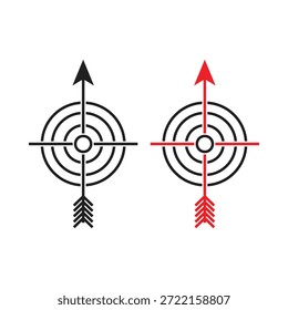 Una Ilustración vectorial minimalista de dos símbolos de objetivo contrastantes perforados por flechas, que representan el enfoque, el equilibrio y la precisión estratégica.