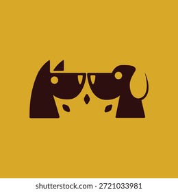 Ilustración vectorial minimalista de dos siluetas de perro enfrentadas, diseño creativo del logotipo del cuidado del animal doméstico en fondo amarillo.