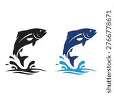 Minimalist vector illustration of two fish leaping out of water in black and blue silhouettes. Each design includes splash marks to emphasize motion, symbolizing aquatic life, fishing, and dynamic movement. Perfect for use in wildlife, nature, sports, branding, and lifestyle projects across digital and print media.