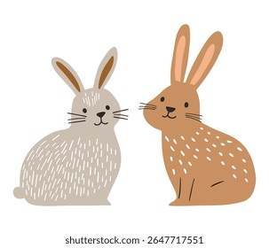 Minimalist vector illustration of two hand-drawn rabbits in neutral gray and brown tones with simple spot textures and friendly expressions. Ideal for Easter cards, nursery decor, children’s books.