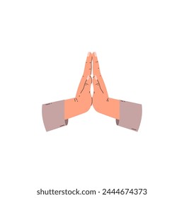 A minimalist vector illustration of two hands in a prayer position with sleeves, depicted with a modern, flat color style.