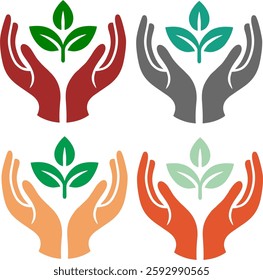  A minimalist vector illustration of two hands gently holding a growing plant with three leaves, symbolizing care, growth, and sustainability. Designed in a modern and clean style