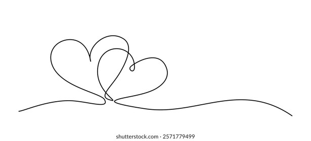 A minimalist vector illustration of two hearts in a continuous one-line style, perfect for Valentine's Day, symbolizing love and togetherness through elegant contour art. Editable stroke