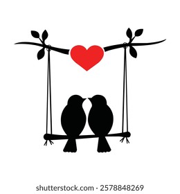 minimalist vector illustration of two love birds sitting on a swing, sharing a romantic moment under a red heart. The swing hangs from branches with leaves, creating a simple yet elegant love-themed