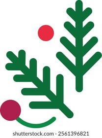 Minimalist vector illustration of two mistletoe branches with decorative red and purple balls, evoking christmas holidays spirit with its simple yet festive design