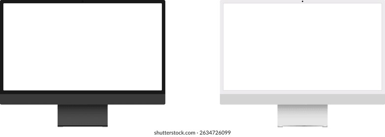 Minimalist vector illustration of two modern desktop monitors in black and white color options. Ideal for tech mockups, UI design, and workspace visuals. Vector EPS 10