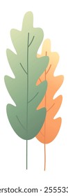 Minimalist vector illustration of two oak leaves, one green and one orange, symbolizing the transition from summer to autumn, with a clean white background