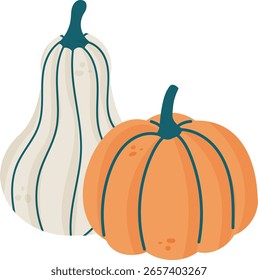 Ilustração vetorial minimalista de duas abóboras em tons bege e laranja, uma mais alta do que a outra