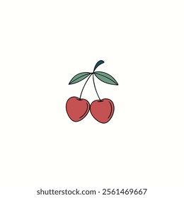 A minimalist vector illustration of two red cherries with simple black outlines, connected by thin stems and accented by two stylized green leaves, set against a plain white background