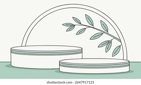 Minimalist vector illustration of two round product display podiums with a natural branch and leaves backdrop. Perfect for beauty, wellness, and e-commerce visuals.