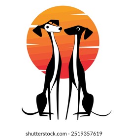 Ilustración vectorial minimalista de dos perros whippet elegantes de pie contra una puesta de sol rojo-naranja vívida