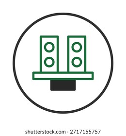 Ilustración vectorial minimalista de dos altavoces conectados a una plataforma. Diseño limpio y sencillo adecuado para representar equipos de audio, sistemas de sonido, producción de música o cualquier tecnología relacionada