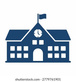 Minimalist vector illustration of a two-story school building featuring a clock tower, arched entrance, and flagpole with a waving flag.