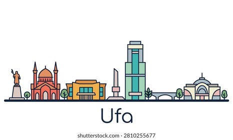 A minimalist vector illustration of the Ufa city skyline featuring famous architectural landmarks for travel, tourism, and web design.