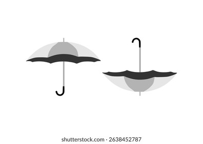 A minimalist vector illustration of umbrella icons viewed from the front and bottom. The black and white flat design style is perfect for weather-themed graphics, mobile applications. 
