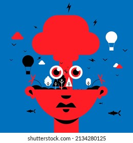 Minimalist vector illustration using a limited color palette. Red , blue , white , black .