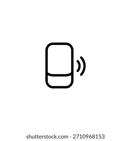 Eine minimalistische Vektorgrafik eines vertikalen pillenförmigen intelligenten Lautsprechers, der Audiowellen aussendet. Konzipiert mit einem einzigen einheitlichen Monolinhub.