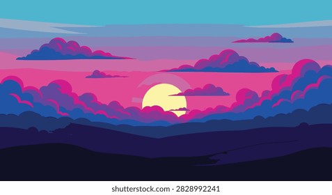 Minimalist vector illustration of a vibrant sunset with a large yellow sun setting behind layered purple and blue clouds over dark mountain silhouettes in a vivid twilight sky.