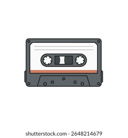 A minimalist vector illustration of a vintage analog compact cassette tape, featuring a black casing, white label, and red stripe, evoking retro media and music