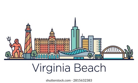 A minimalist vector illustration of the Virginia Beach skyline featuring famous city landmarks for travel, tourism, and postcard designs.