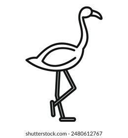 Minimalist vector illustration of a walking flamingo bird with elegant long legs and a graceful beak on a simple white background, perfect for nature and wildlife designs