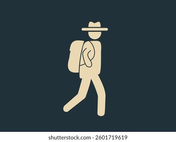 A minimalist vector illustration of a walking traveler with a backpack and a hat