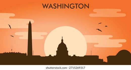 Minimalist vector illustration of the Washington, D.C. skyline against the backdrop of the sunset.

