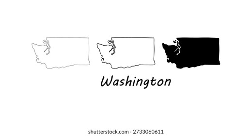 Minimalist vector illustration of Washington state map in three styles: outline, stroke, and solid fill, with "Washington" text label, monochromatic design.