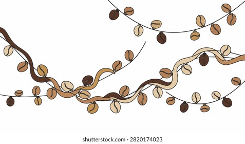 Minimalist vector illustration of wavy lines and decorative strings with stylized coffee beans in various brown shades, isolated on a white background for cafe branding and menu decor.