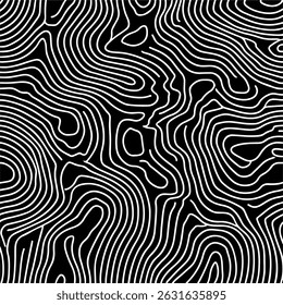 Ilustración vectorial minimalista con líneas de contorno onduladas y blancas sobre fondo negro. El estilo es moderno, abstracto, inspirado en la estética de arte de línea monocromática de tendencia.