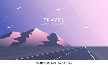 Minimalist vector illustration. Website or game template. Travel or tourism concept. Mountains near road. Sunset with clear sky. Flat style wallpapers. Colorful background. Polygon design