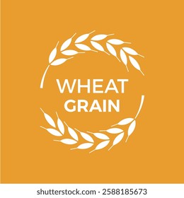 Minimalist vector illustration of wheat grain symbol with ears of wheat forming a circle, representing natural food products, agriculture, and healthy eating, on an orange background