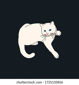 Ilustración vectorial minimalista de gato blanco con ojos azules sobre fondo oscuro. Mascota. Representación de un animal. Imagen pequeña. Para tarjetas, afiches, papel.