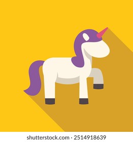 Minimalist vector illustration of a white unicorn standing on a yellow background with a long shadow