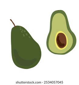 Minimalist vector illustration of a whole and half-sliced avocado. This simple and vibrant design showcases the rich green tones of the fruit, perfect for healthy food branding, packaging