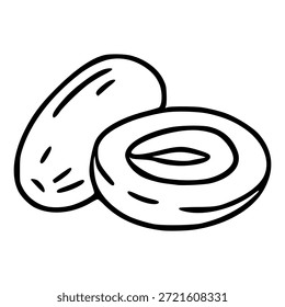 Ilustración vectorial minimalista de una fruta entera y datilera a la mitad, mostrando su semilla y textura.