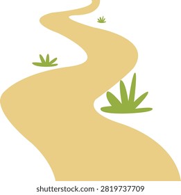 Minimalist vector illustration of a winding dirt path curving through a landscape with small tufts of green grass.