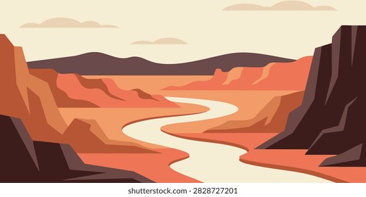 Minimalist Vector Illustration of a Winding River Flowing Through a Majestic Desert Canyon Landscape at Sunset