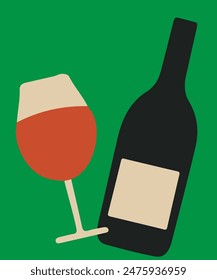 Minimalist vector illustration wine vintage poster with bottle, glass of wine. Minimalist Hand drawn poster design in colorful colors. Abstract wall art.