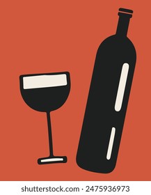 Minimalist vector illustration wine vintage poster with bottle, glass of wine. Minimalist Hand drawn poster design in colorful colors. Abstract wall art.