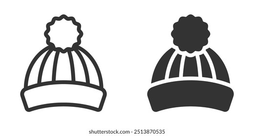 Minimalist vector illustration of a winter hat with a pom-pom, shown in outline and filled styles