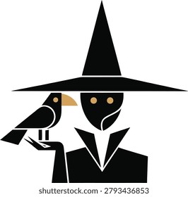 Minimalist Vector Illustration of a Witch with a Raven Companion
